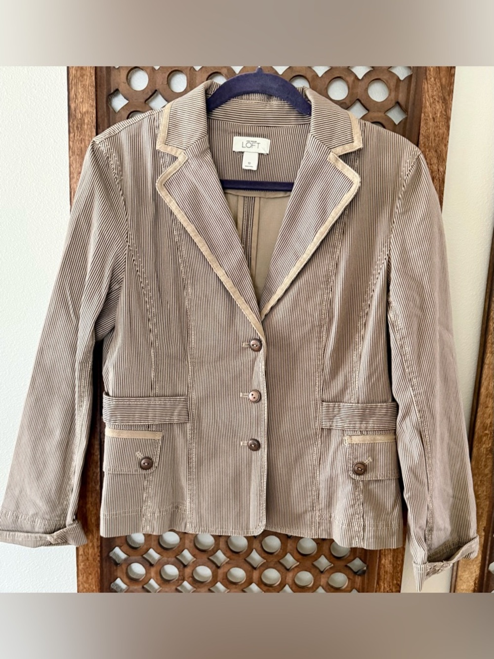 LOFT Brown Stripe Blazer Size 10 Tailored Jacket Cotton Career Preppy